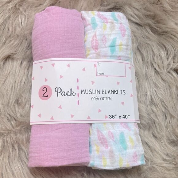 100% Cotton Muslin Swaddling Baby Girl Blankets- Pink/feather print - Picture 1 of 5